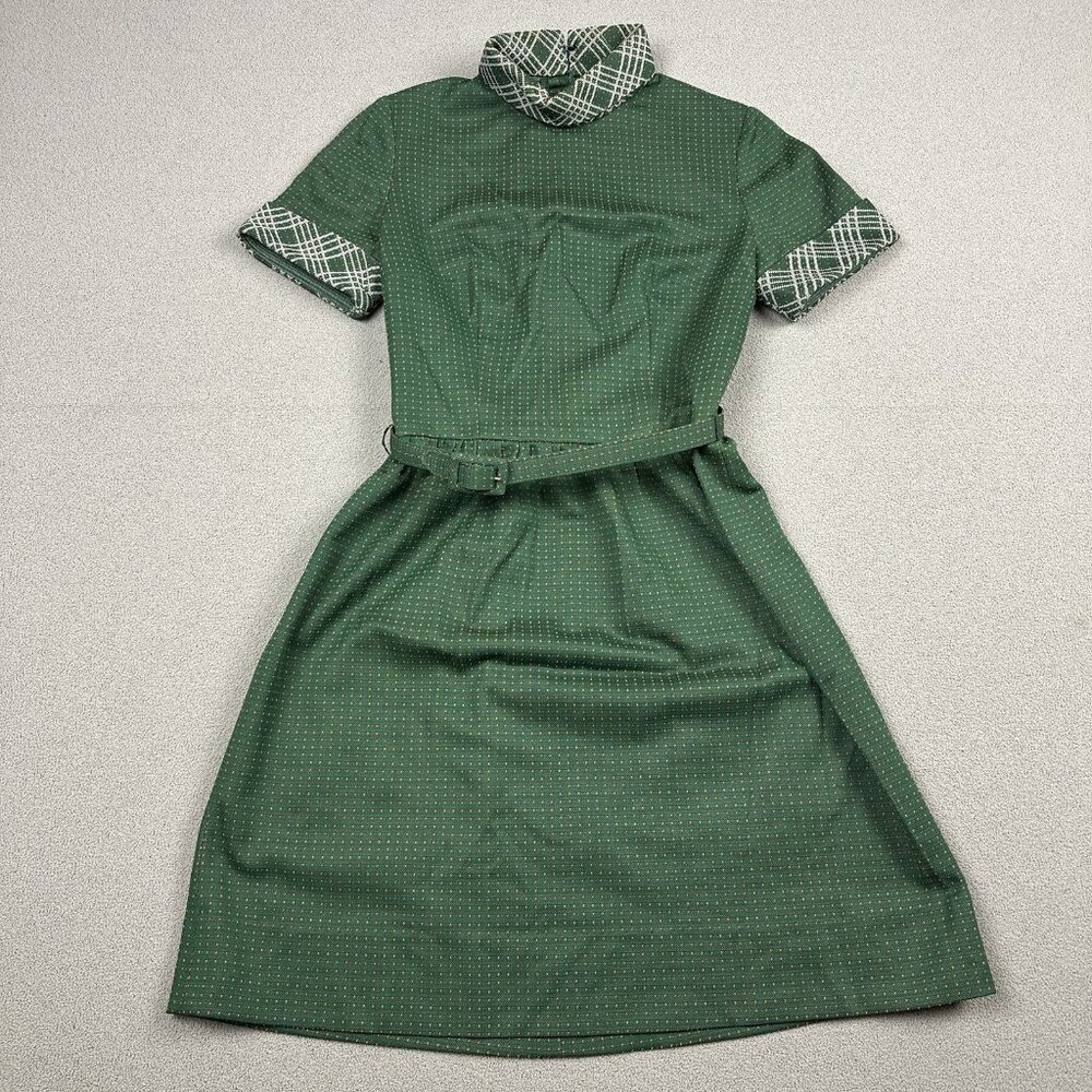 Vtg 70s Polyester Knit Green Dress w/ Belt Polka Dot High Neck 32B 26W 34L - Picture 2 of 9